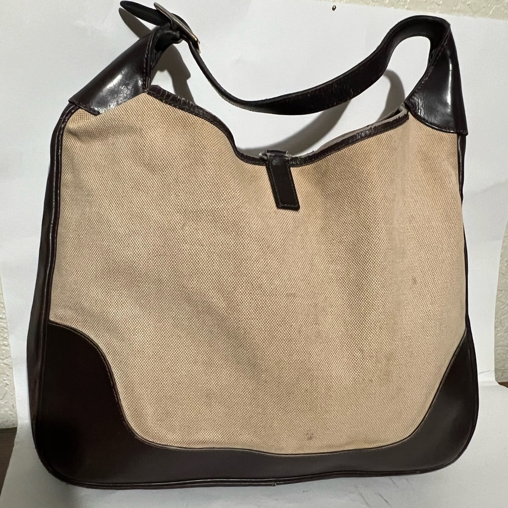 Hermes Beige Canvas and Dark Brown Leather Hobo Bag
